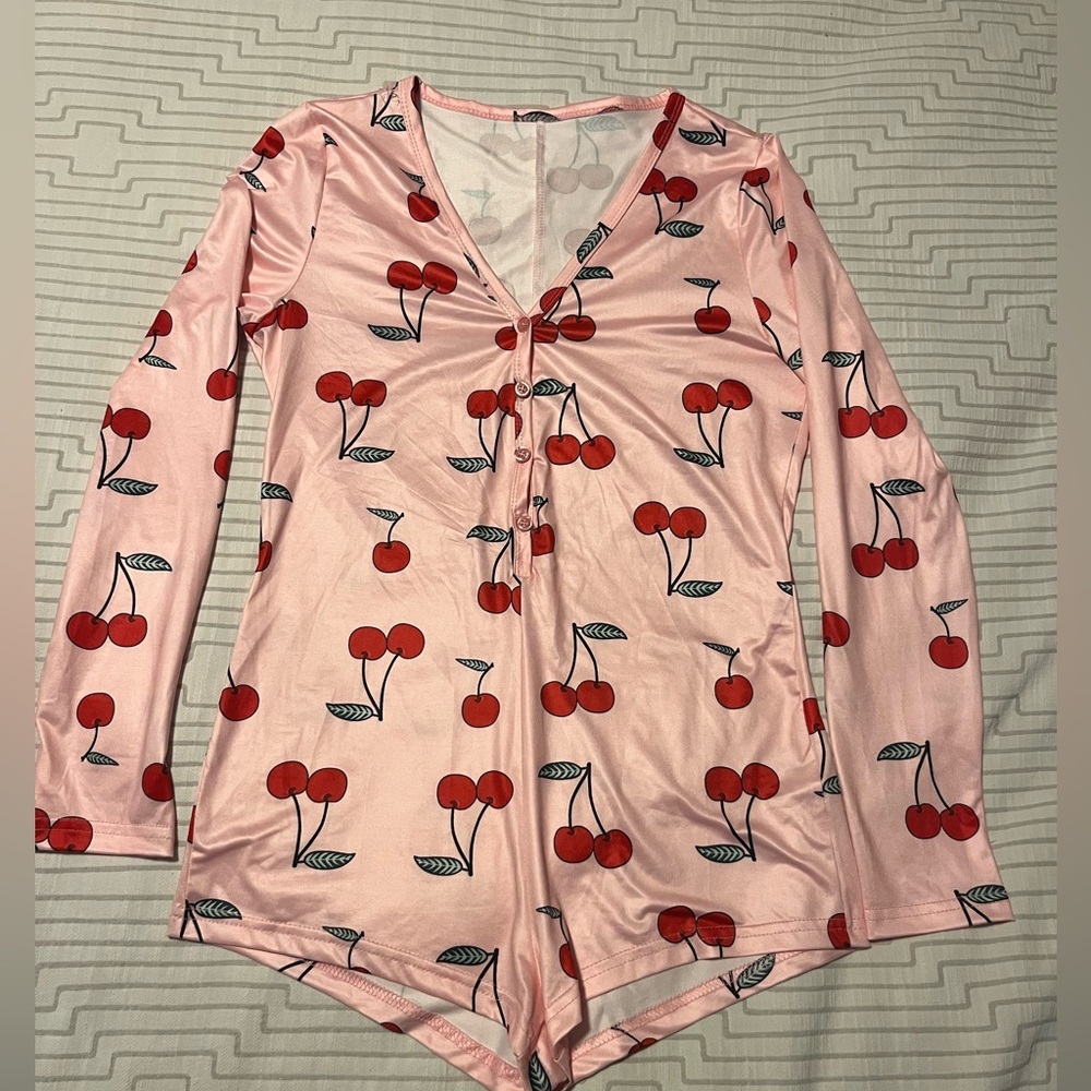 Pink Cherry-Print Long Sleeve Romper Pajama